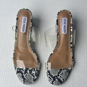 Steve Madden Sandals Snake Print‎ Clear Block Heel Women's Size EU 38 7 US
